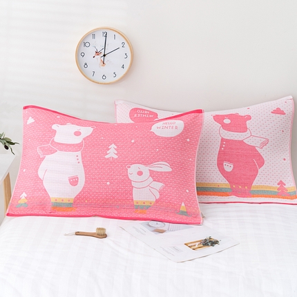 朴尔家纺-毛巾被 2023新款特惠混纺棉质三层纱布独版AB面枕巾 爱心熊粉