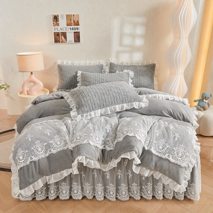 虹星家纺 2023新款牛奶绒夹棉床裙套件清新系列-床裙款四件套 清新-星际灰