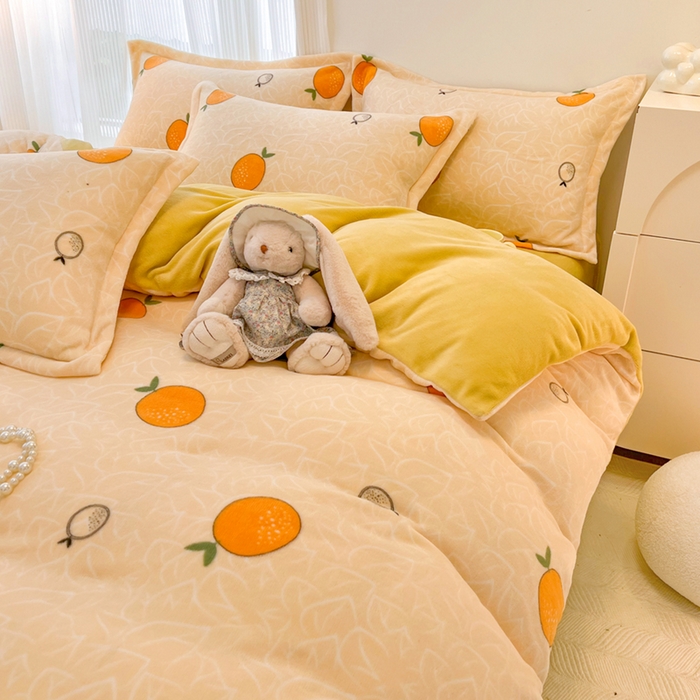 91家纺网 家纺一手货源 找家纺 寐居家纺 2023新款小清新牛奶绒印花四件套 果粒橘子