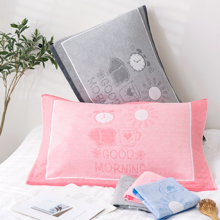 91家纺网 家纺一手货源 找家纺 朴尔家纺-毛巾被 2023新款特惠混纺棉质三层纱布独版AB面枕巾 早安灰