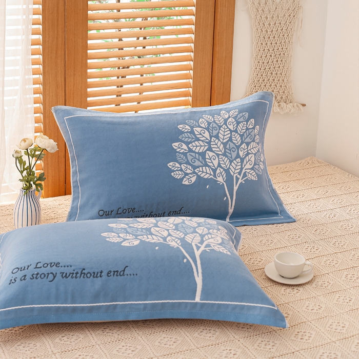 91家纺网 家纺一手货源 找家纺 朴尔家纺-毛巾被 2023新款全棉加厚三层纱布枕巾 发财树兰