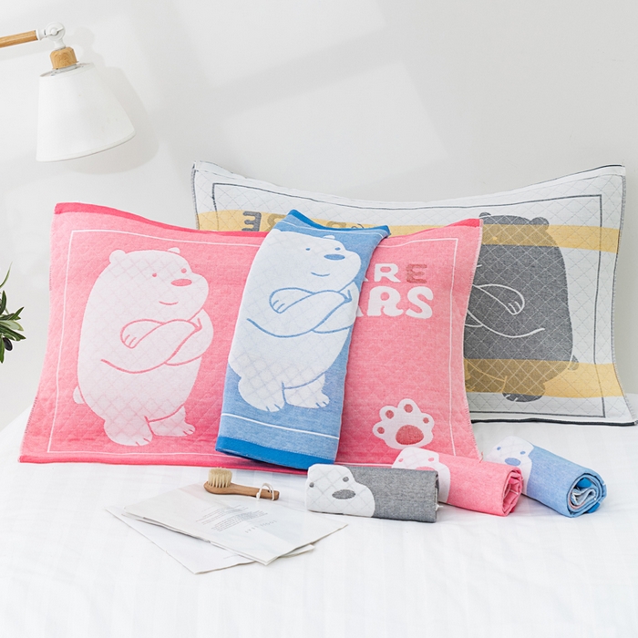 91家纺网 家纺一手货源 找家纺 朴尔家纺-毛巾被 2023新款特惠混纺棉质三层纱布独版AB面枕巾 白熊蓝