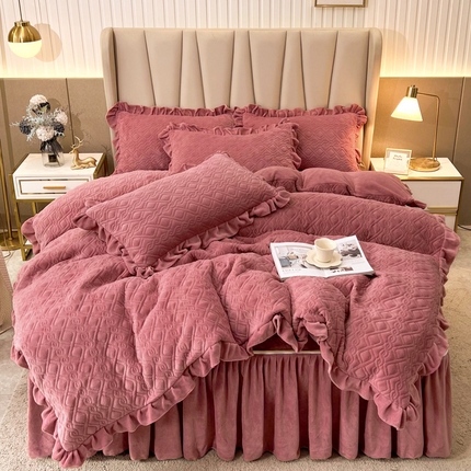 恋尚 2023新款加厚高克重蜜桃绒床笠式床裙四件套可脱卸四件套 微光-豆红