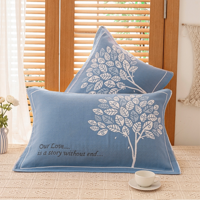 91家纺网 家纺一手货源 找家纺 朴尔家纺-毛巾被 2023新款全棉加厚三层纱布枕巾 发财树兰