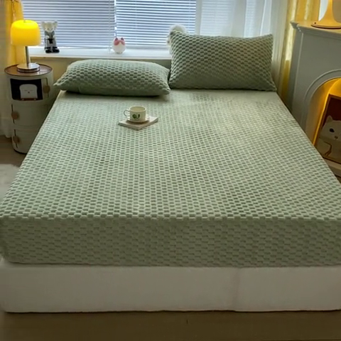 91家纺网 家纺一手货源 找家纺 欧邦 新款A类提花豆豆绒金龟绒床笠 床笠-豆绿