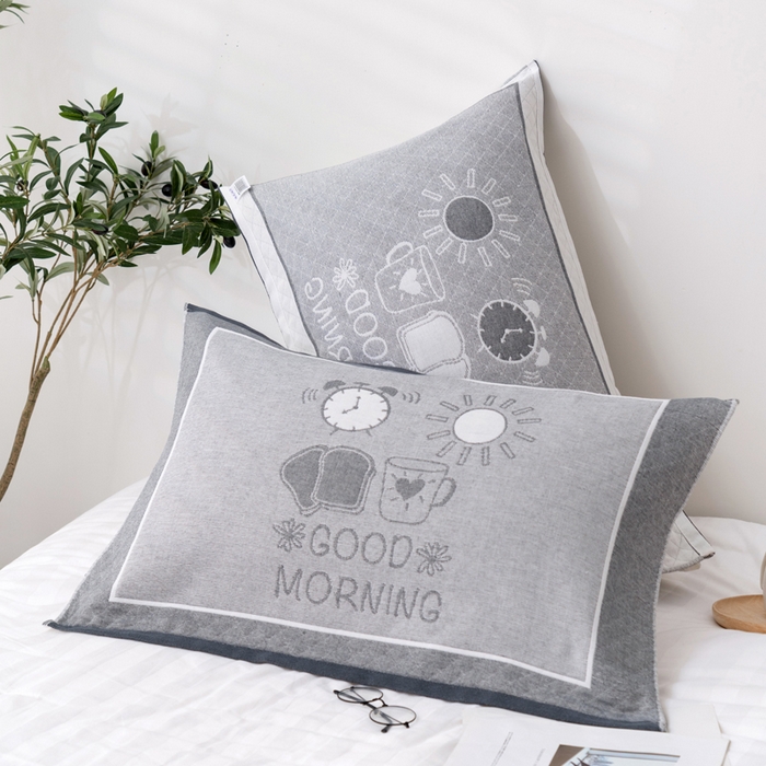 91家纺网 家纺一手货源 找家纺 朴尔家纺-毛巾被 2023新款特惠混纺棉质三层纱布独版AB面枕巾 早安灰