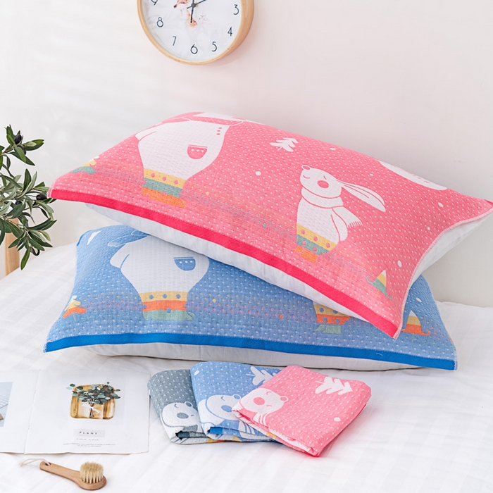 91家纺网 家纺一手货源 找家纺 朴尔家纺-毛巾被 2023新款特惠混纺棉质三层纱布独版AB面枕巾 爱心熊灰