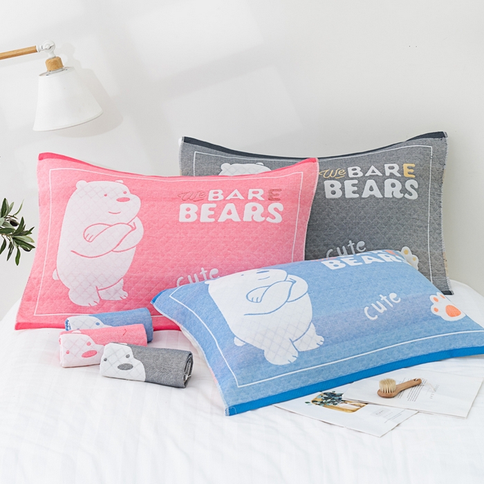 91家纺网 家纺一手货源 找家纺 朴尔家纺-毛巾被 2023新款特惠混纺棉质三层纱布独版AB面枕巾 白熊粉