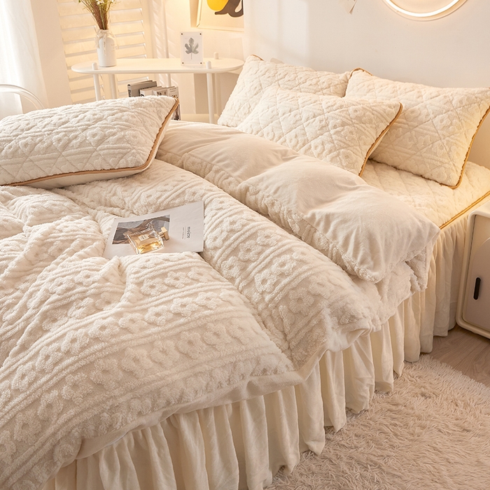 91家纺网 家纺一手货源 找家纺 恋尚 2023新款塔芙绒床笠加床裙四件套可脱卸款 塔芙绒-米白