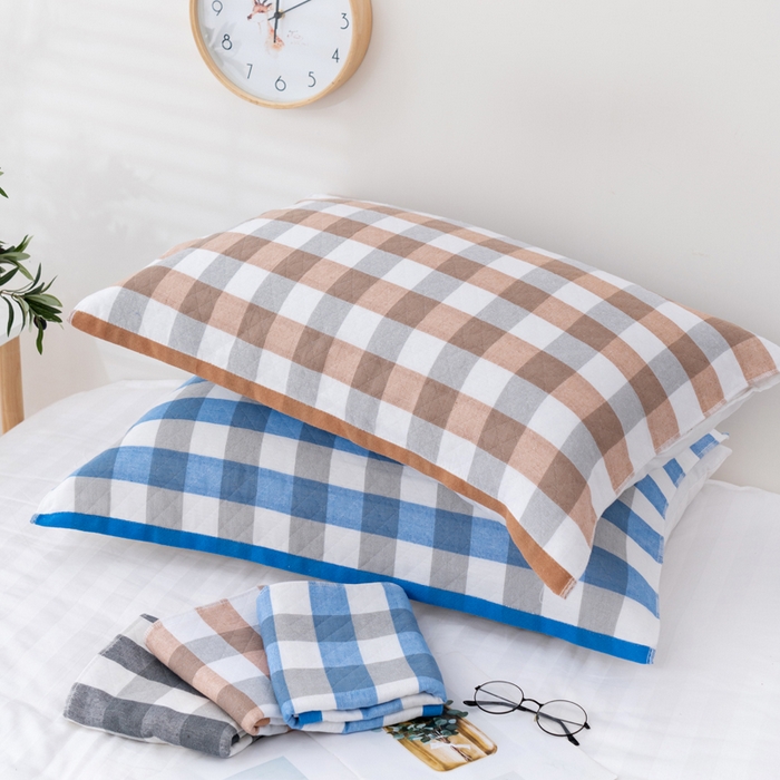 91家纺网 家纺一手货源 找家纺 朴尔家纺-毛巾被 2023新款特惠混纺棉质三层纱布独版AB面枕巾 格韵灰