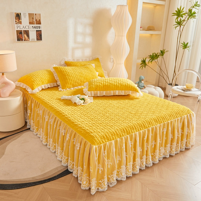 91家纺网 家纺一手货源 找家纺 虹星家纺 2023新款牛奶绒夹棉床裙套件清新系列-床裙款单床裙  清新-鹅黄