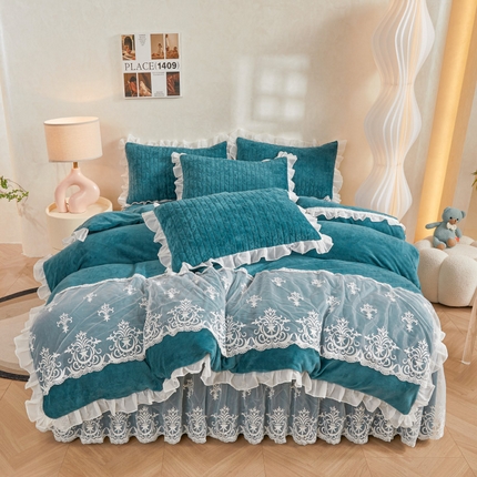 虹星家纺 2023新款牛奶绒夹棉床裙套件清新系列-床裙款四件套 清新-孔雀兰