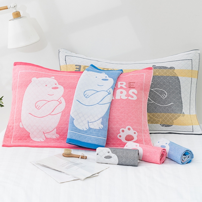 91家纺网 家纺一手货源 找家纺 朴尔家纺-毛巾被 2023新款特惠混纺棉质三层纱布独版AB面枕巾 白熊粉