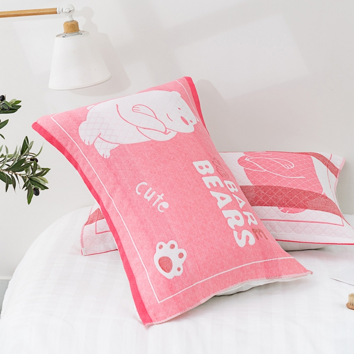 91家纺网 家纺一手货源 找家纺 朴尔家纺-毛巾被 2023新款特惠混纺棉质三层纱布独版AB面枕巾 白熊粉