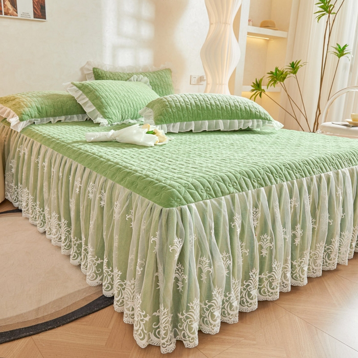 91家纺网 家纺一手货源 找家纺 虹星家纺 2023新款牛奶绒夹棉床裙套件清新系列-床裙款单床裙  清新-牛油果绿