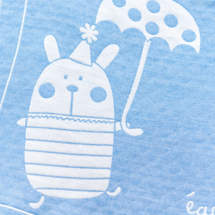 91家纺网 家纺一手货源 找家纺 朴尔家纺-毛巾被 2023新款特惠混纺棉质三层纱布独版AB面枕巾 雨伞熊蓝