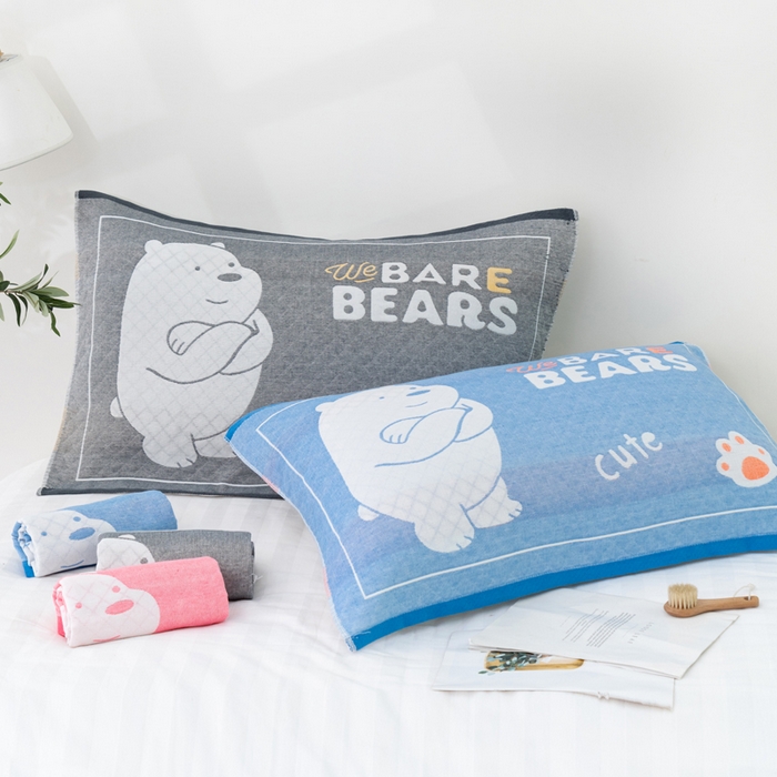 91家纺网 家纺一手货源 找家纺 朴尔家纺-毛巾被 2023新款特惠混纺棉质三层纱布独版AB面枕巾 白熊粉