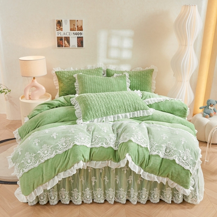 虹星家纺 2023新款牛奶绒夹棉床裙套件清新系列-床裙款四件套 清新-牛油果绿