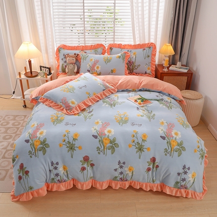 91家纺网 家纺一手货源 找家纺 家之硕 2023新款韩版荷叶边印花牛奶绒四件套 七彩森林