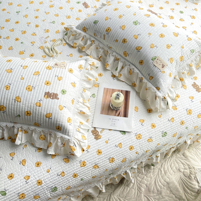 91家纺网 家纺一手货源 找家纺 胜权2023秋冬新款全棉花边夹棉单床盖单件四季用床盖三件套 杏福