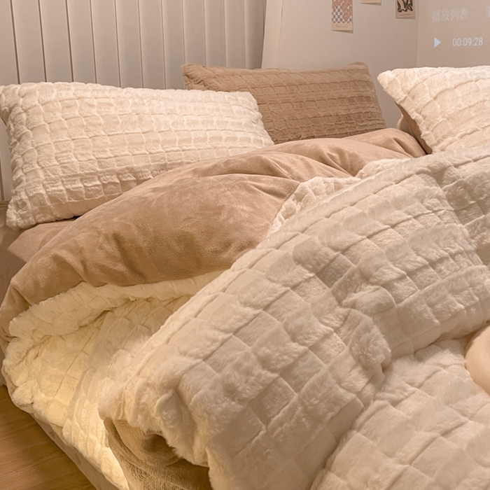 91家纺网 家纺一手货源 找家纺 沐慕 2023新款AB版牛奶绒兔毛绒四件 兔毛绒-奶咖