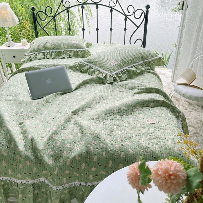 91家纺网 家纺一手货源 找家纺 胜权2023秋冬新款全棉花边夹棉单床盖单件四季用床盖三件套 青萌