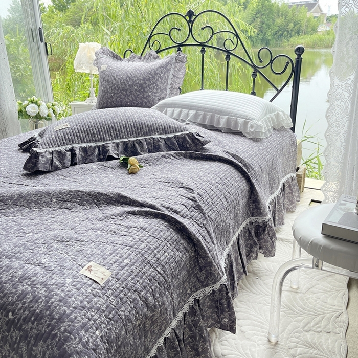 91家纺网 家纺一手货源 找家纺 胜权2023秋冬新款全棉花边夹棉单床盖单件四季用床盖三件套 素言