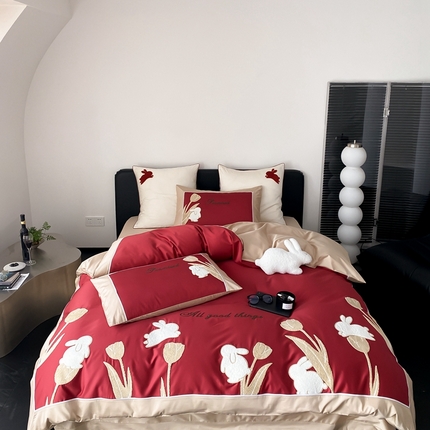 91家纺网 家纺一手货源 找家纺 MIU缪家居 2023新款100支全棉四件套-幸运兔 红