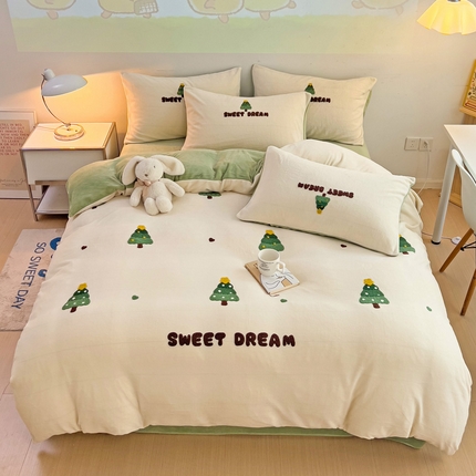 寐居家纺 2023新款高克重牛奶绒毛巾绣四件套 圣诞树-米白