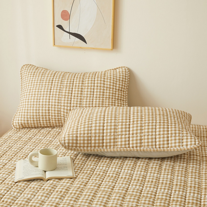 91家纺网 家纺一手货源 找家纺 2023新款直播爆款水洗棉夹棉床笠三件套 咖小格