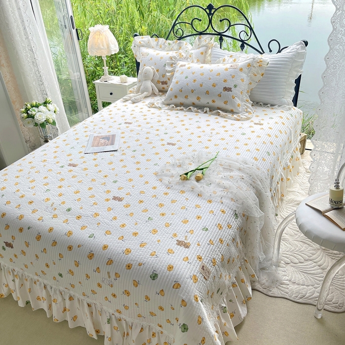 91家纺网 家纺一手货源 找家纺 胜权2023秋冬新款全棉花边夹棉单床盖单件四季用床盖三件套 杏福