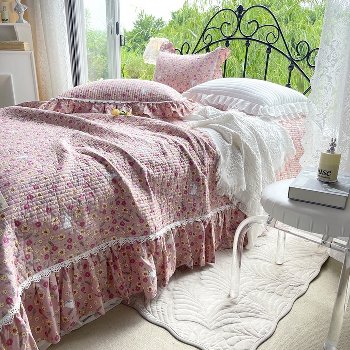 91家纺网 家纺一手货源 找家纺 胜权2023秋冬新款全棉花边夹棉单床盖单件四季用床盖三件套 思念