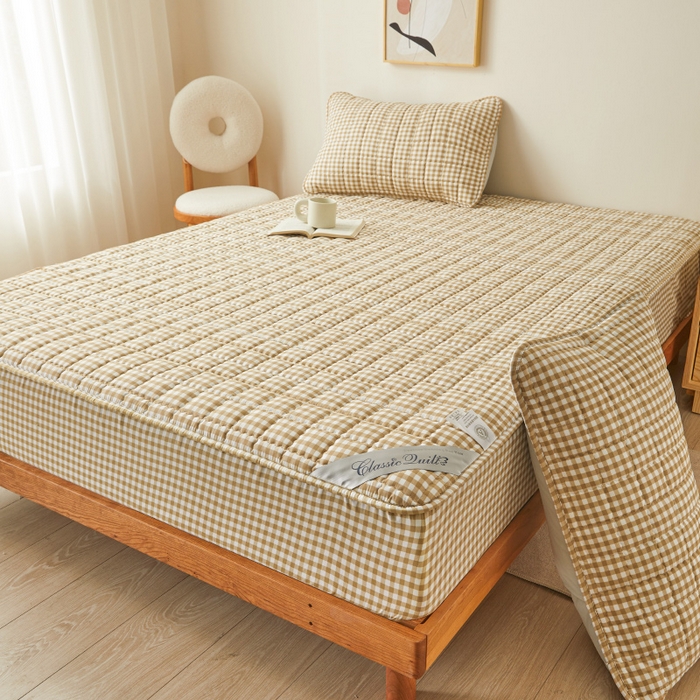 91家纺网 家纺一手货源 找家纺 2023新款直播爆款水洗棉夹棉床笠三件套 咖小格