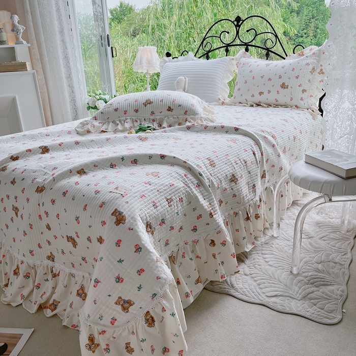 91家纺网 家纺一手货源 找家纺 胜权2023秋冬新款全棉花边夹棉单床盖单件四季用床盖三件套 甜心