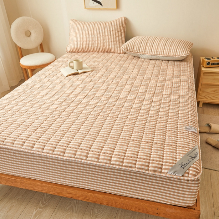 91家纺网 家纺一手货源 找家纺 2023新款直播爆款水洗棉夹棉床笠三件套 粉小格