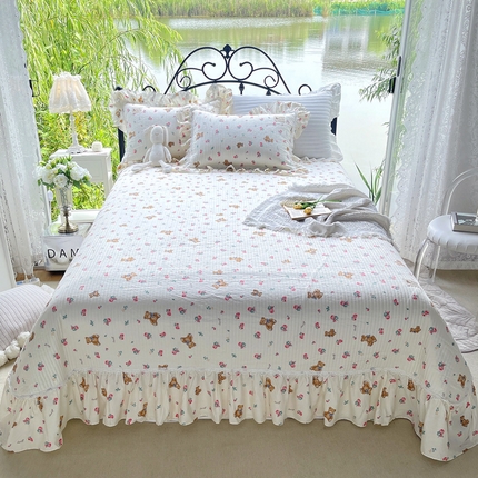91家纺网 家纺一手货源 找家纺 胜权2023秋冬新款全棉花边夹棉单床盖单件四季用床盖三件套 甜心