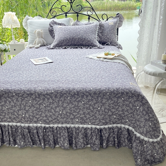 91家纺网 家纺一手货源 找家纺 胜权2023秋冬新款全棉花边夹棉单床盖单件四季用床盖三件套 素言