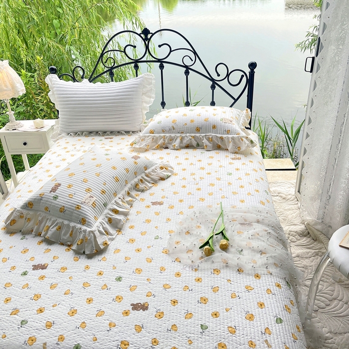 91家纺网 家纺一手货源 找家纺 胜权2023秋冬新款全棉花边夹棉单床盖单件四季用床盖三件套 杏福