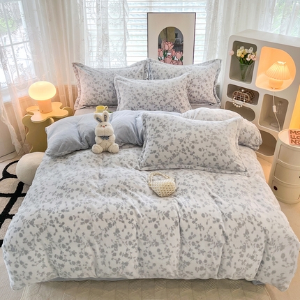 寐居家纺 2023新款高克重剪花印花牛奶绒四件套  悠若-蓝灰