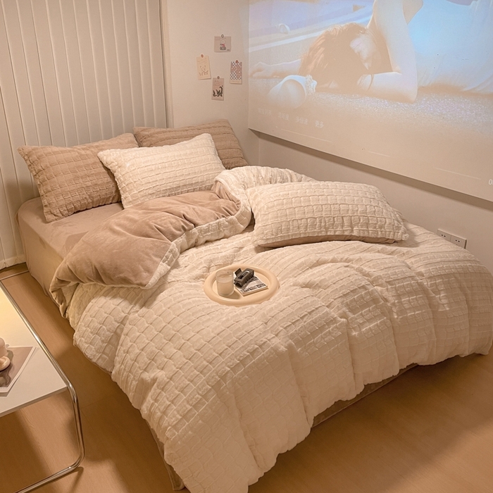 91家纺网 家纺一手货源 找家纺 沐慕 2023新款AB版牛奶绒兔毛绒四件 兔毛绒-奶咖