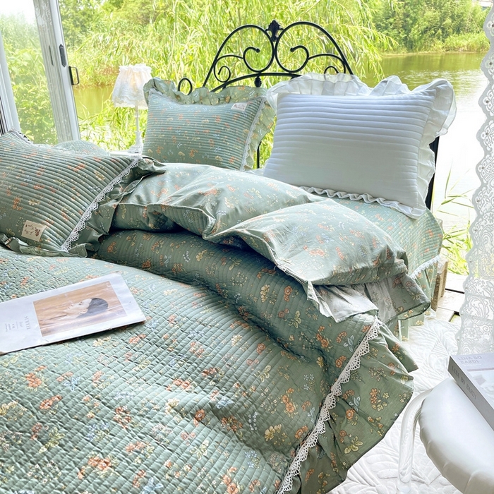 91家纺网 家纺一手货源 找家纺 胜权2023秋冬新款全棉花边夹棉单床盖单件四季用床盖三件套 莱茵