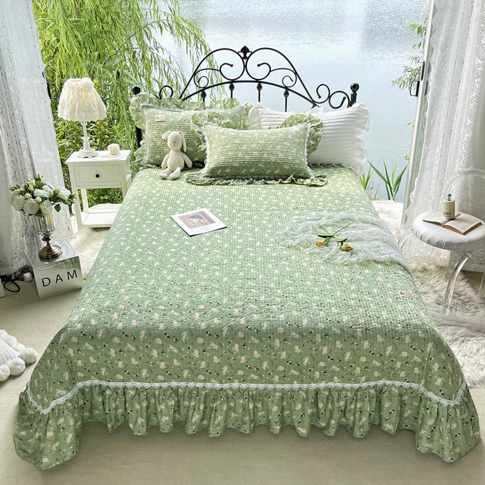 91家纺网 家纺一手货源 找家纺 胜权2023秋冬新款全棉花边夹棉单床盖单件四季用床盖三件套 青萌