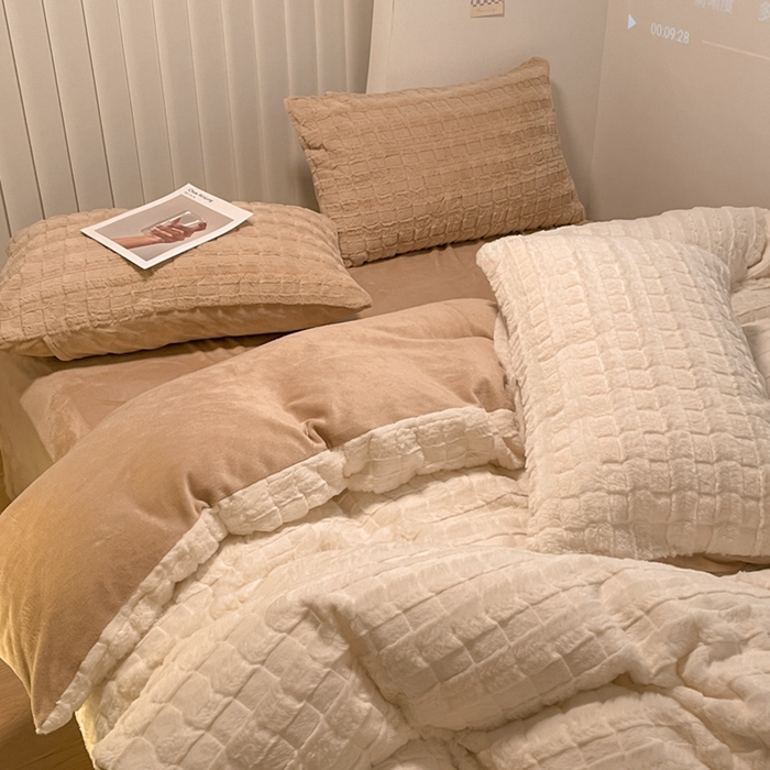 91家纺网 家纺一手货源 找家纺 沐慕 2023新款AB版牛奶绒兔毛绒四件 兔毛绒-奶咖