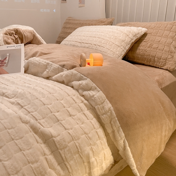 91家纺网 家纺一手货源 找家纺 沐慕 2023新款AB版牛奶绒兔毛绒四件 兔毛绒-奶咖