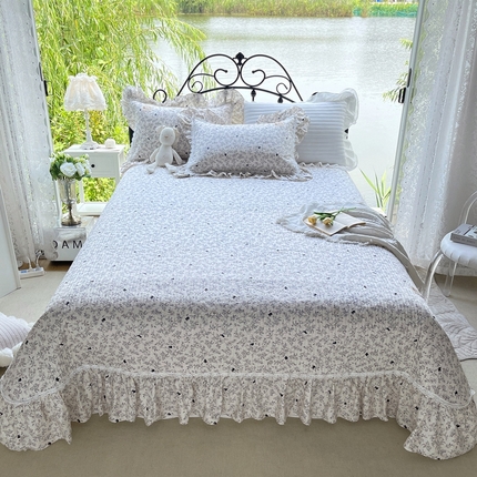 胜权2023秋冬新款全棉花边夹棉单床盖单件四季用床盖三件套 素米