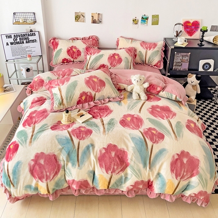 91家纺网 家纺一手货源 找家纺 （总）家之硕 2023新款韩版荷叶边印花牛奶绒四件套