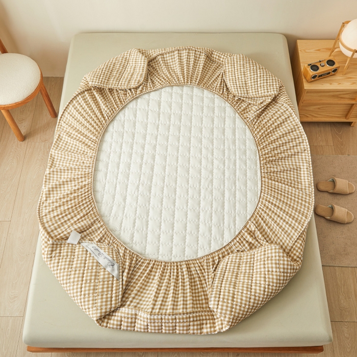 91家纺网 家纺一手货源 找家纺 2023新款直播爆款水洗棉夹棉床笠三件套 咖小格