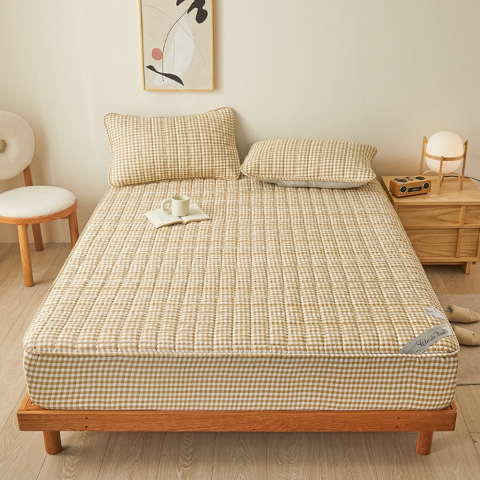 91家纺网 家纺一手货源 找家纺 2023新款直播爆款水洗棉夹棉床笠三件套 咖小格