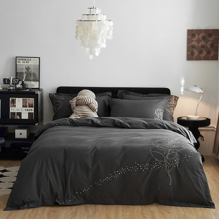 千朵森 2024新款新疆长绒棉婚庆刺绣四件套-玫瑰 高雅灰