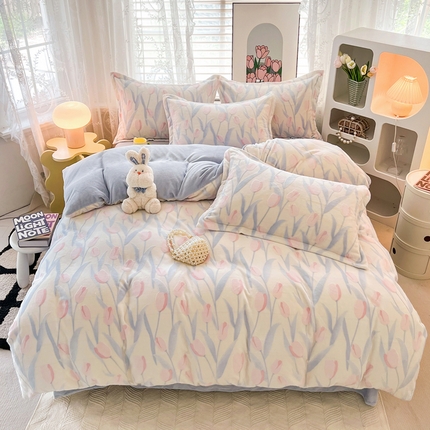 寐居家纺 2023新款高克重剪花印花牛奶绒四件套  郁金香-蓝粉